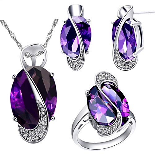 Uloveido Mädchen Oval Simuliert Lila Stein Silber Farbe Kette Halskette Ohrringe Ohrstecker Ringe Set Hübsche Brautschmuck Set für WomenT472
