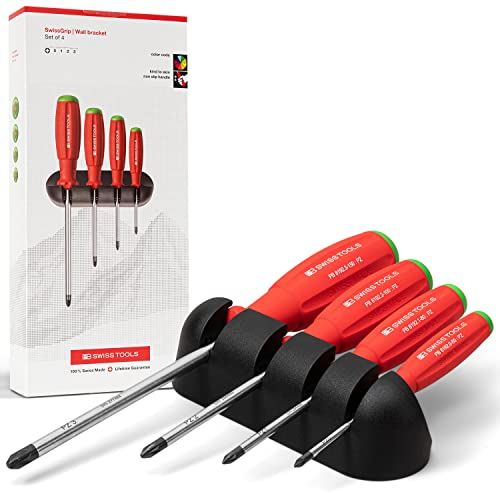 PB Swiss Tools Pozidriv Schraubendreher Set PB 8243 | 100% Swiss Made | 4-teiliges SwissGrip Schraubenzieher Set PZ0/PZ1/PZ2/PZ3 inklusive praktischer Wandhalterung