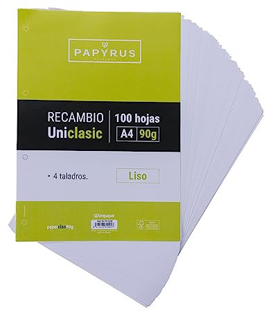 Unipapel A4 Lisas, Recambio de 100 Hojas de 90 g, 4 Taladros, Papel Gramos Certificado FSC, Blanco