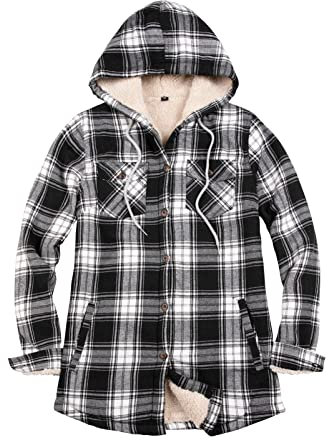 ZENTHACE Flanelljacke für Damen, Sherpa-Futter, kariert, Knopfleiste, Kapuze, Flanellhemd, Jacke, warme Jacke (Sherpa-Futter), Schwarz/Weiß, S