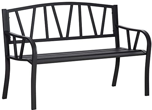Outsunny 2-Seater Garden Bench Solid Metal Loveseat Outdoor Furniture for Patio Family Chair w/Decorative Backrest Ergonomic Armrest