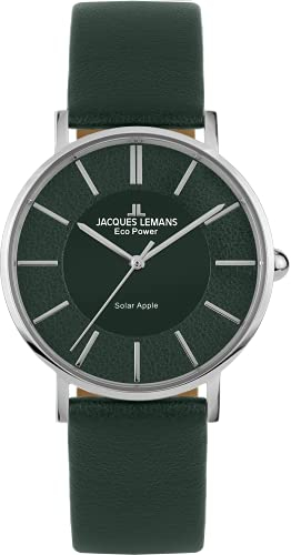 JACQUES LEMANS Damenuhren, Eco Power Uhren Frauen aus massivem Edelstahl mit Apfel-Leder Armband, großes Ziffernblatt, Armbanduhr Damen, Model 1-2113D, Damen Uhren Frauen Uhr Damen schmuck