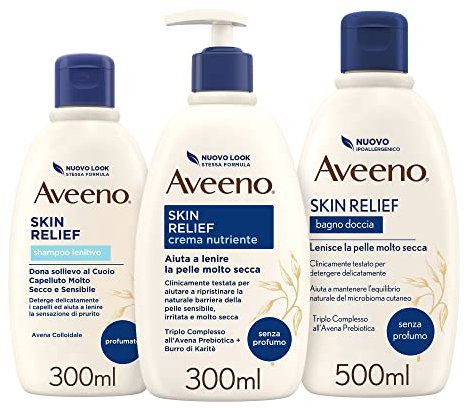 Aveeno Skin Relief Set corpo donna con Shampoo Lenitivo 300 ml, Crema Corpo Idratante 300 ml e Bagnodoccia 500 ml con Avena Prebiotica e Colloidale, Burro di Karité per pelli secche – Esclusiva Amazon