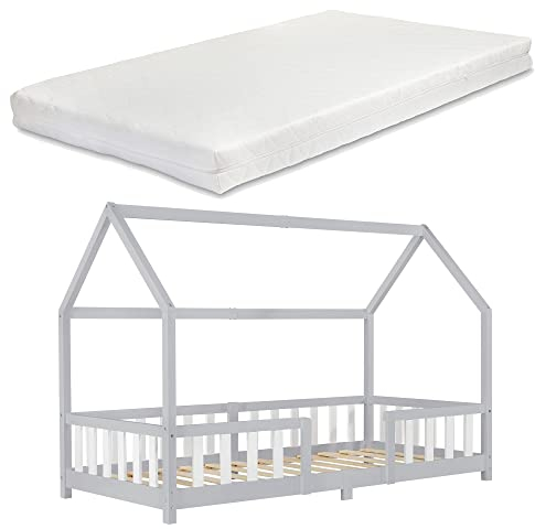 [en.casa] Kinderbett Sisimiut mit Matratze 90 x 200 cm Hausbett Montessori mit Rausfallschutz Holzbett für Kinder Bodenbett Lattenrost Kiefernholz Hellgrau/Weiß