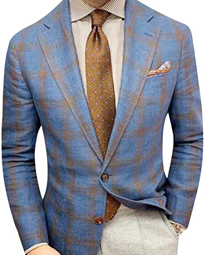 Zukmuk Blazer Homme à Manches Longues en Carreaux Veste de Costume Slim Fit Cérémonie Mariage, Plaid Bleu, XL