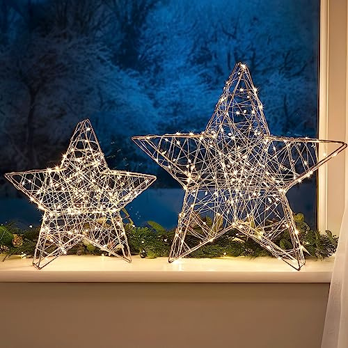 Christow Light Up Star Ornament Indoor Christmas Decoration Silver Wire Micro LED Battery Operated With Timer (2pc Set 35cm & 50cm)