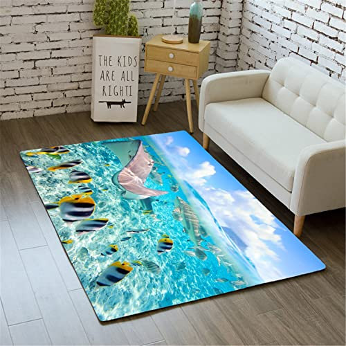 Bereich Teppich 3D Blau Ozean Die Unterwasserwelt Fisch Hai Koralle Drucken Kinderteppich Flanell rutschfest Waschbar Schlafzimmer Wohnzimmer Kindergarten Kriechen Rechteck Pad (Farbe 4,140×200 cm)