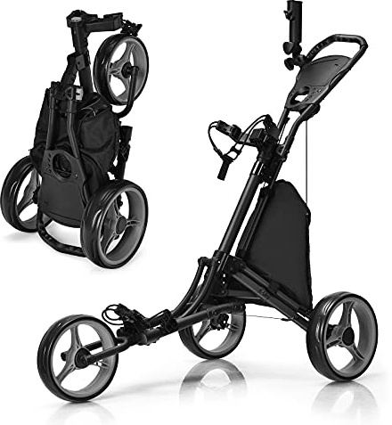 GOPLUS Chariot de Golf Pliable à 3 Roues, 4 Positions de Hauteur Réglables, Cadre en Alu, Porte-ombrelle Réglable, Sac Étanche, Frein à Pied, 121 x 70 x 116 CM