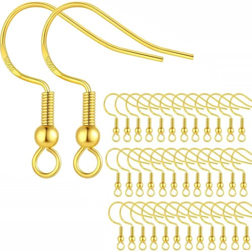 100Pcs Gold Earring Hooks Plated Copper Ear Wires Fish Hook Earring with Spring Ball for DIY Jewelry Customize Making (Gold)