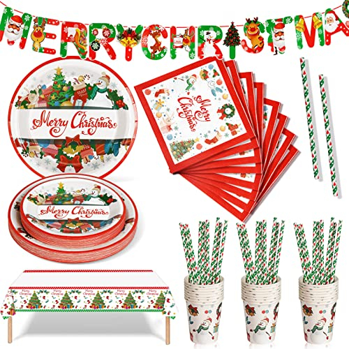 Nkaiso 126 Stück Weihnachten Partygeschirr, Weihnachten Deko Partyzubehör Pappteller Set, Geburtstag Pappgeschirr Pappbecher partyteller Servietten für Kindergeburtstag Geburtstagsfeier(25 Gäste)