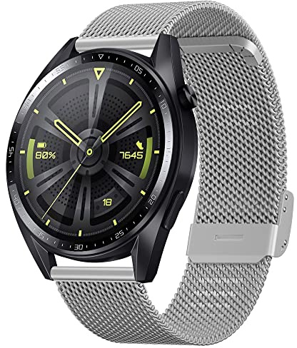 Hiseus Armband Kompatibel mit Huawei Watch GT2/GT3 46mm, Edelstahl Mesh Gewebte Uhrenarmband Kompatibel mit Huawei Watch GT 2/3 PRO 46mm / GT Runner/GT 2e / Watch 3 / Watch 3 Pro (Silber)