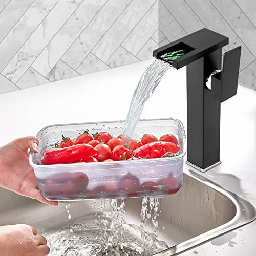 Schwarz Wasserhahn mit Licht, Waschtischarmatur LED Beleuchtete Wasserhahn Badarmatur RGB Wasserfall Einhand Wasserhahn mit 3 Farbewechsel Beleuchtung für Badezimmer und Waschbecken