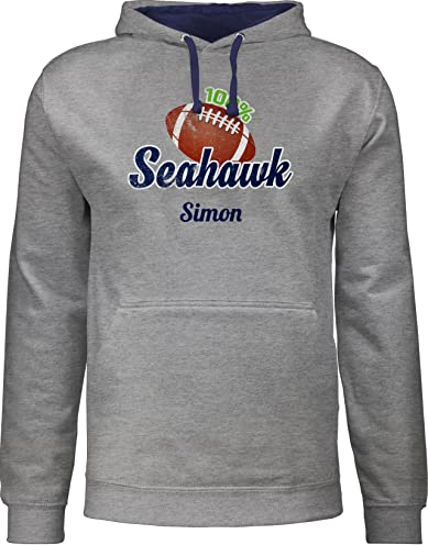 Pullover Herren Frauen Hoodie Kontrast zweifarbig - Geschenke - American Football Geschenk 100% Seahawk mit Name personalisiert Superbowl - XL - Grau meliert/Navy Blau - Hoody