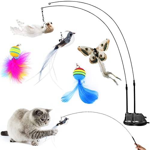 Interaktives Katzenspielzeug Intelligenz Katzen Spielzeug Katzenangel Stabil mit Federn Simucatstick Kätzchen Zauberstab Spielzeug Fliegender Vogel Cat Toys Mit Saugnapf für Kleine Große katzen (B)
