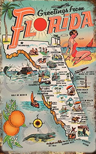Vintage 1954 Greetings from Florida Collectible Metall Blechschild Wanddekoration Poster Wanddekoration Retro Garten Schild Vintage Cafe Coffee Bar Man Cave 8x12 Inch