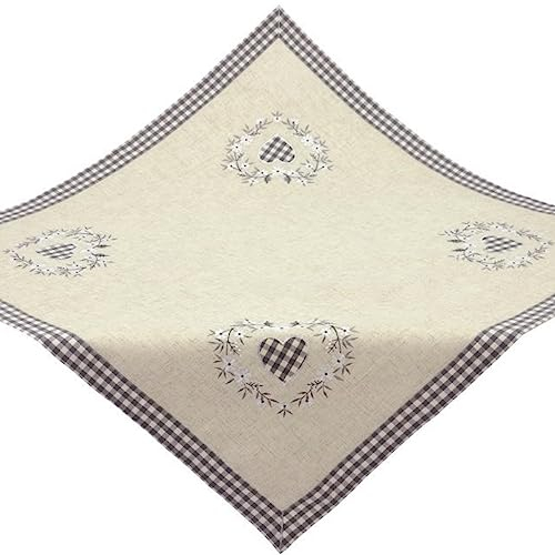 Espamira Tischdecke Küche 85x85 Stickerei Herz Grau Landhaus Kariert Mitteldecke Country Küchentischdecke Leinenmischung