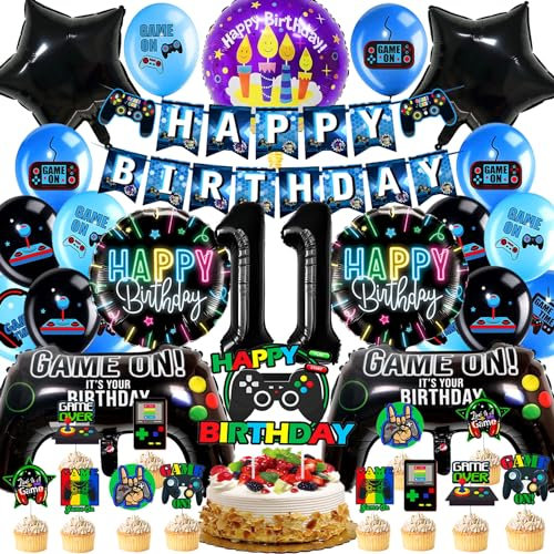 Videospiel Geburtstagsdeko 11 Jahre, Gamecontroller Luftballons Party Deko, Gamer Geburtstagsdeko, Gamer Deko Kindergeburtstag, Videospiel Party Set, Einschließlich Banner, Cake Topper(Schwarz & Blau)