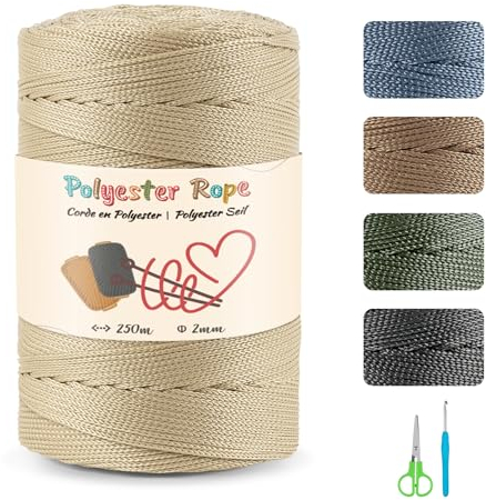 Makramee Garn, 2mm x 250m Polyester Macrame Cord Polypropylene Yarn, 100% Polypropylen Cord Makramee-Kordel für Geschenk, Häkeltasche, Umhängetasche, Wohndekorationen (Hellgelb)