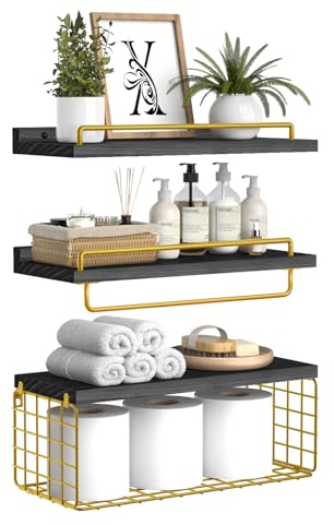 RYOFOBETTO Badezimmerregale, schwebende Regale über Toilettenpapierhalter, Wandmontage, rustikales Holz, Aufbewahrungskorb, Regale für Schlafzimmer, Wohnzimmer & Küche, 3er-Set (Schwarz und Gold)
