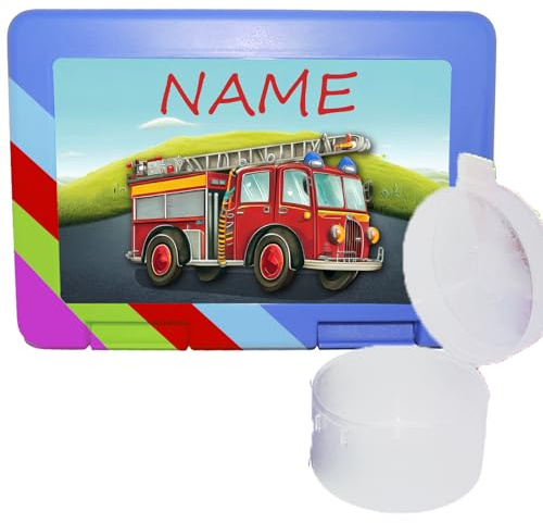 Kinder Brotdose personalisiert mit separater Obstdose, Feuerwehr | Name mit Schriftartwahl, Farbwahl, Brotbox + Schriftwahl für Name
