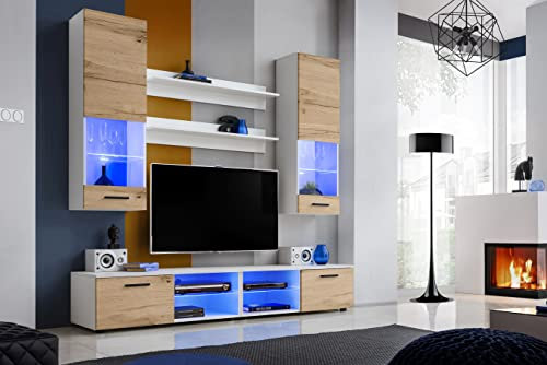 Komodee, Wohnwand Wohnzimmerset RTV Varallo, Wotan Matt/Weiß Matt, Breite 200cm x Höhe 195cm x Tiefe 45cm, Ohne LEDs, für Wohnzimmer, Schlafzimmer
