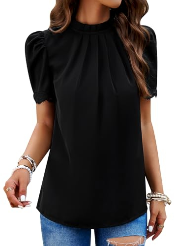 MYCOLORBLUE Chiffon Blusen Tuniken für Damen Elegant Falten Stehkragen Tops Puffärmeln T-Shirt Streetwear Blusenshirt Oberteile Schwarz M