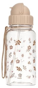 Tutete Trinkflasche für Kinder mit weichem Strohhalm | Tritan-Wasserflasche, 500 ml, BPA-frei, spülmaschinenfest, Tragegriff und auslaufsicherer Verschluss, leicht zu öffnen | Leaves Sand