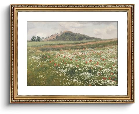 ARPEOTCY Große Wandkunst, Vintage-Stil, goldgerahmt, Felder mit wilden Mohnblumen, Retro-Gemälde, Leinwanddrucke, Kunstwerk mit antikem Rahmen, viktorianisches Wandbild, Dekor für Galerie, Wohnzimmer,