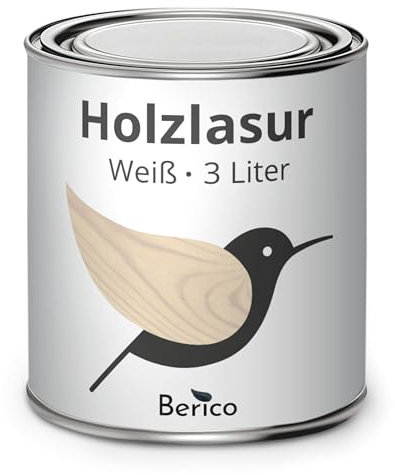 Berico Holzlasur - Weiß - 3 Liter Lasur - Kalkweiss - Wetterfeste Holzschutzlasur für Innen und Außen - Holzschutz, Wetterschutz und UV-Schutz