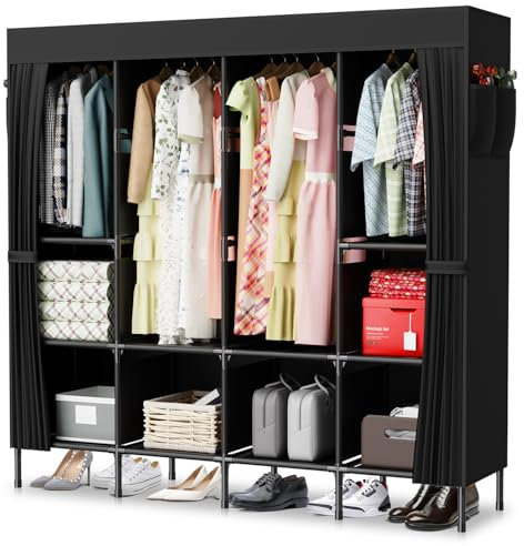 LOEFME Kleiderschrank mit Vier Säulen, 170 x 45 x 175 cm Stoffschrank Stabil mit Seitentaschen, Faltbarer Kleiderschrank für Schlafzimmer und Ankleidezimmer, Schwarz
