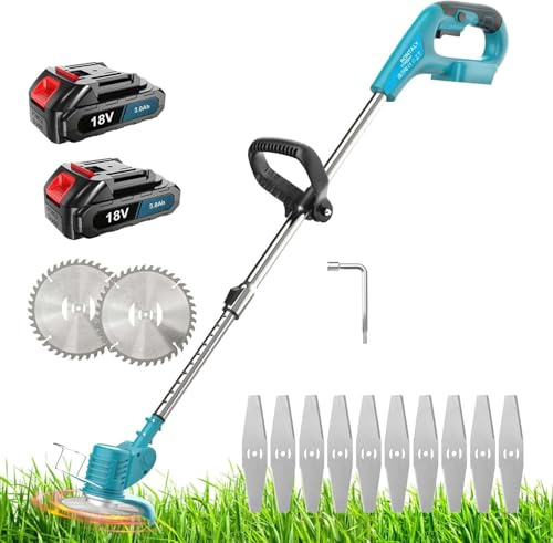 18V Rasentrimmer mit 2X 3.0AH Akku, 30 cm Schnittdurchmesser, inkl.10x Metallklinge & 2X Kreissägeblätter, 90° Drehkopf, Teleslopstiel, Effizienter Rasenmäher