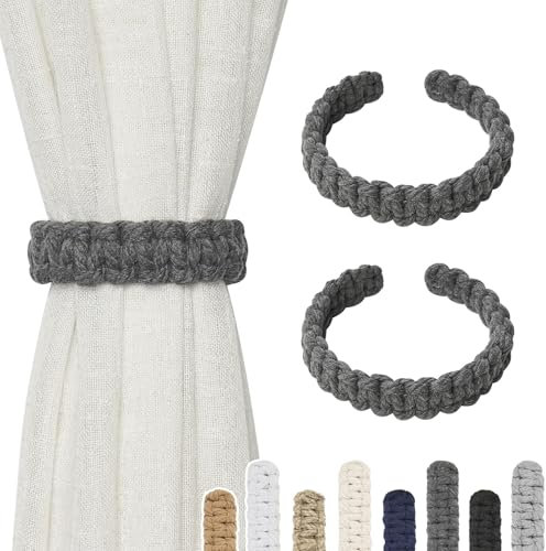 Pretty Jolly 2 Pack Natural Cotton Rope Curtain Tiebacks Farmhouse Rustic Style Decorative Drape Tie Backs Handmade Braided Curtain Holdbacks for Home & Office Sheer/Light Weight Drapery (C-Dark Grey)