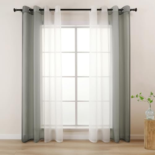 L.Z.E Vorhänge Gardine mit Farbverlauf Vorhang Grau Weiß für Wohnzimmer Kinder Mädchen Schlafzimmer Fenster Transparent mit Ösen 2er Set Voile Gardinen Schal 140 x 225 cm Lang (LZE2220E-GR225)