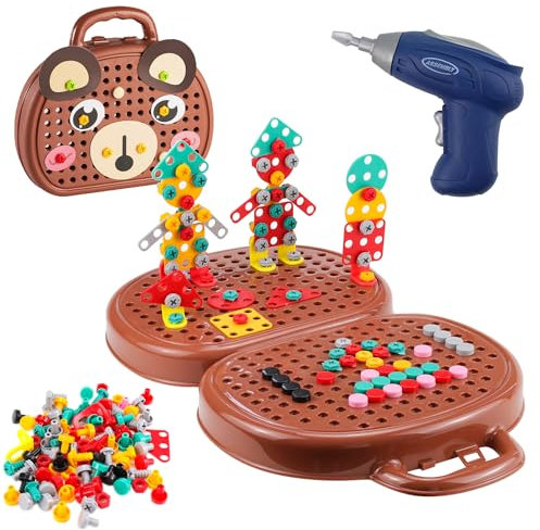 Montessori Play Toolbox, Montessori Spielzeugkiste Steckspiel Mit Bohrmaschine Montessori Spielzeug ab 3 Jahre,3D Puzzle Mosaik Toy Creativity Tool Box with Drill für Kinder von 3-12 Jahren