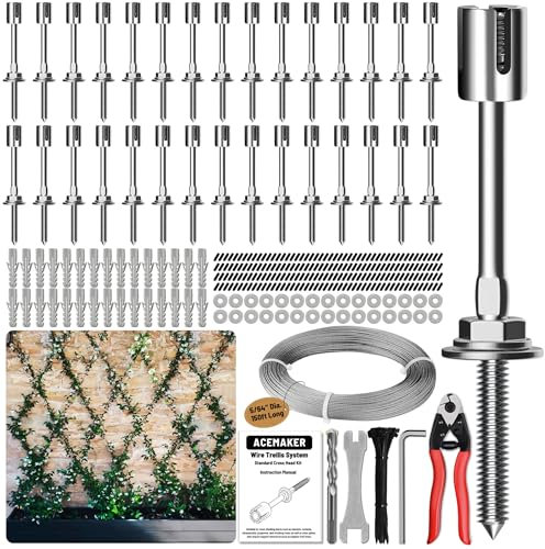 Acemaker Wire Trellis for Climbing Plants Outdoor, 30-Set Wall Wire Trellis Kit with 5/64(2mm) x 150ft Stainless Steel Cable & Cutter, T316 Espalier System for Fence and Garden DIY Projects