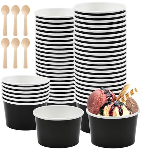 REFORUNG Lot de 50 Gobelets en Carton Universel Gobelets Ronds Compostables en Carton Respectueux de l'environnement Bols Jetables Durables Universelles Carton Glace avce Cuillere - 240 ml, Noir