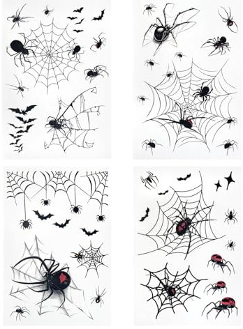 Oblique Unique Tattoo Set Spinnen mit Netz 4 Bögen Temporäre Tattoos für Halloween Geburtstag Kinder Grusel Motto Party