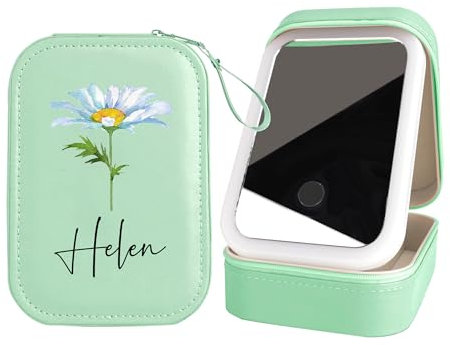 Personalized Birth Flower Makeup Box with LED Mirror Custom Leather Name Makeup Mirror Jewelry Box Portable Travel Makeup Storage Box with Light Birthday Christmas Gifts for Women Mom
