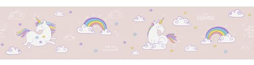 WPE® Rainbow Unicorns Pink Wallpaper Border – Magical Wall Décor for Kids' Girls Room, Nurseries, or Playrooms – Easy to Apply Girly Paper 5metre Long 13cm High
