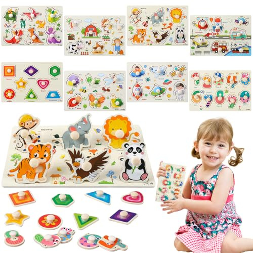GSrenyu 8 Packs Wooden Pegged Puzzles for Kids | Wooden Peg Puzzles for 2 3 Year Old Boys Girls