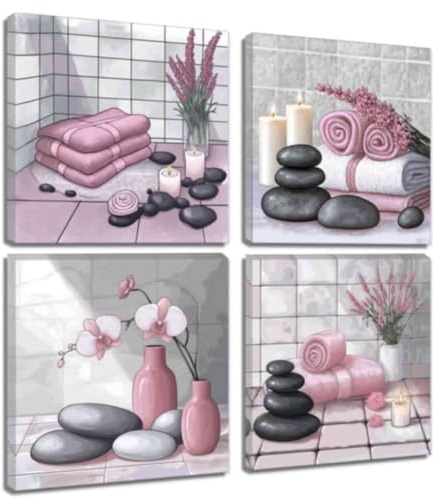 ZQQART Zen Wall Art for Bathroom Decor Zen Stone & Orchid Still Life Pictures Bath Canvas Prints Zen Meditation Room Spa Wall Decor (Pink,12.00 x 12.00 x 4)