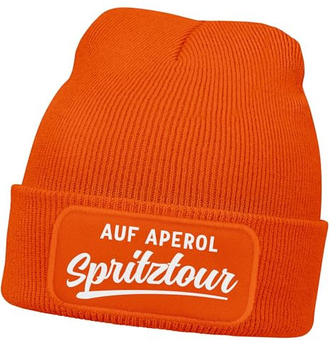 MoonWorks® Damen Beanie mit Patch Strickmütze mit Spruch Aufdruck Auf Spritztour Lustig Damenmütze Orange Unisize
