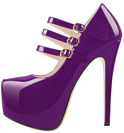 MissHeel Women's Mary Jane Stiletto Pumps Triple Buckle Straps High Heel Ankle High Invisible Platform Dress Shoes Purple Size 5