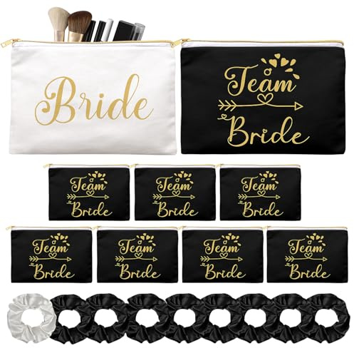 18 Stück Braut Geschenke JGA Party Zubehör,Bride Makeup Tasche,Brautjungfern Scrunchies,Team Braut Make Up Tasche,Geschenk zur Brautparty,Braut Make-up Tasche,Bride Tasche Junggesellenabschied(Schwarz