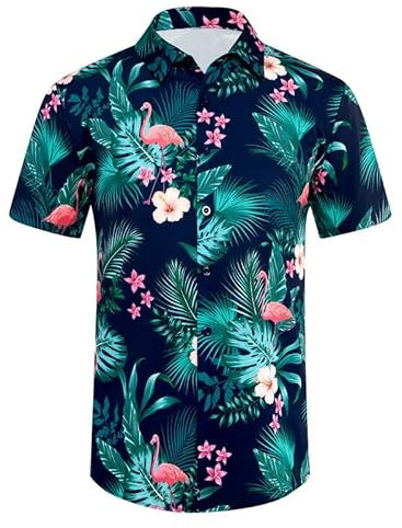 XiaoMoSha Mens Hawaiian Shirts Short Sleeve Wrinkle Free Button Down Summer Casual Shirt for Men Tropical Holiday Beach Funky Party Tops, GreenFlamingo, XXL