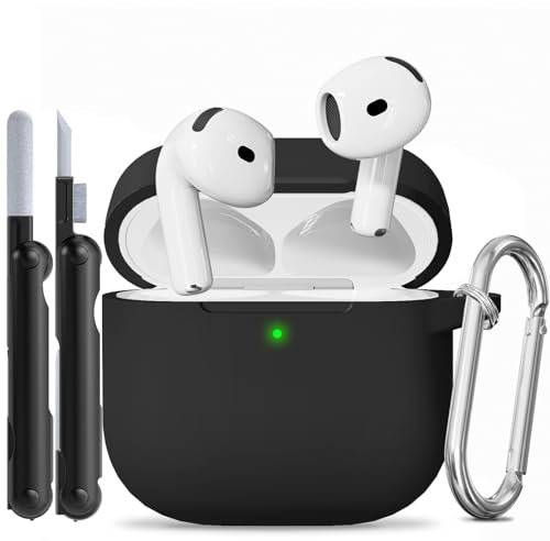 TNSNK for AirPods 4 hülle with Cleaner Kit, Silikon Protection Case for Apple Airpods 4 ANC (AirPods 4 mit Aktiver Geräuschunterdrückung) Support Wireless Charging with Keychain-Black