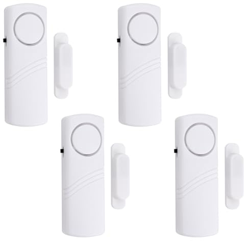 4 Pack Magnetic Door Window Alarm 90dB Wireless Security Alarm Sensor Battery Operated Burglar Sensor Warnning Detector for Home Office School Garage Shed Shop Hotel Entry Vibration Alert System