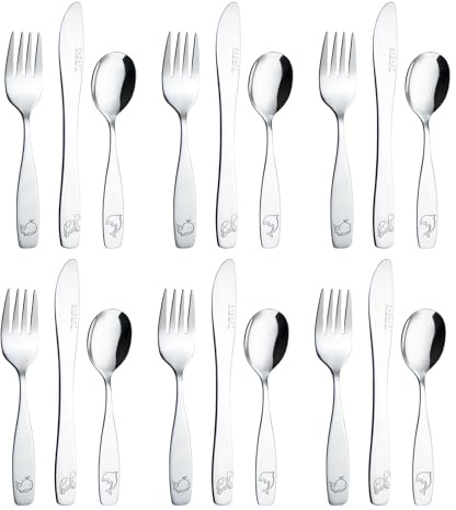 Exzact Kinderbesteck aus Edelstahl, Kinder-Besteck, Besteck, 6 x Gabeln, 6 x sichere Essmesser, 6 x Esslöffel (Ocean x 18), 18 Stück