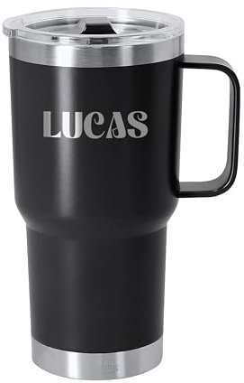 Made in Gift - Vaso Térmico de Viaje con Asa - Personalizado - Botella Agua Acero Inoxidable Doble Pared - Taza Termica - Regalo Original (Negro)