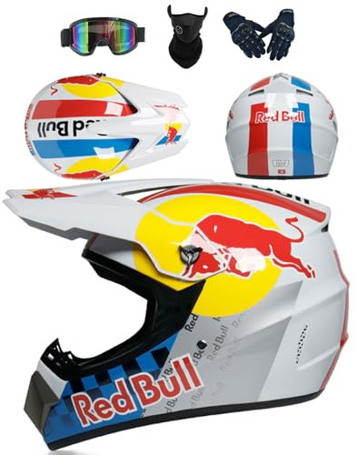 Casco De Motocross para Juvenil Y Adultos, Casco De Motocicleta Juvenil, Casco De Cross, Casco Integral para Todoterreno, Descenso, Certificado Dot con Gafas Máscara Y Guantes,White-M